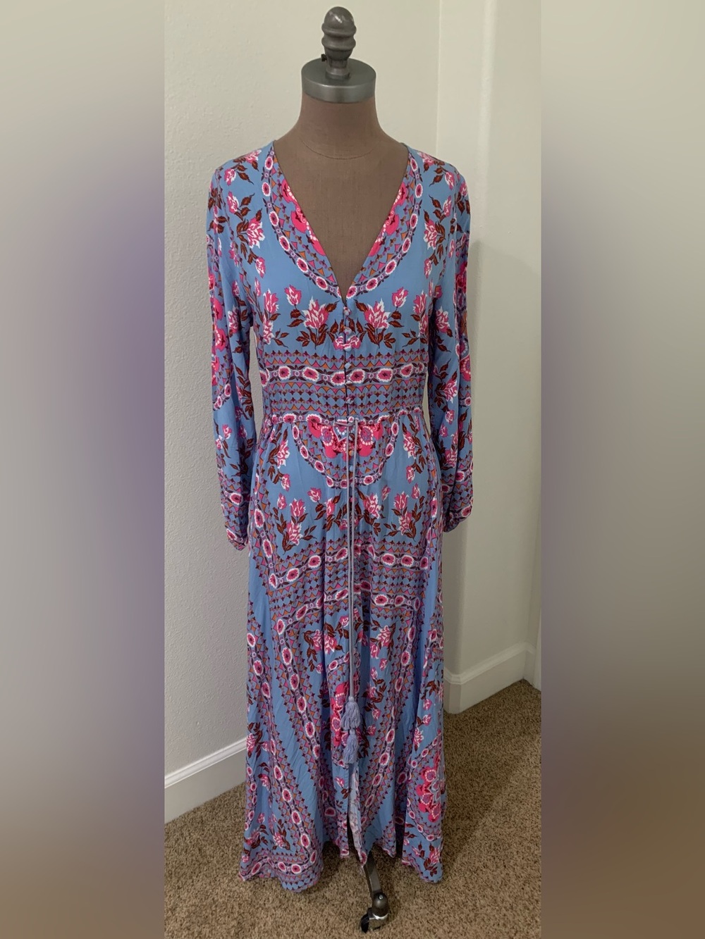 Chaser Blue Floral V-Neck Maxi Dress with Pink Accents